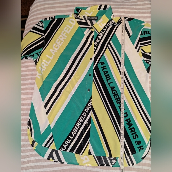 KARL LAGERFELD PARIS Women Multi Printed Button Down Blouse L/XL ? Green Stripe - Picture 7 of 7